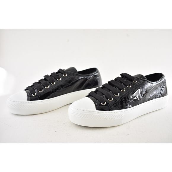 Prada Smash Naplak Black White Patent Logo Flat Low Top Trainer Sneaker 39.5 - Picture 13 of 16